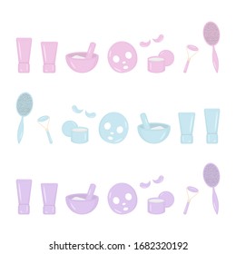 Self Care Skin Cosmetic Tools and Containers. Set of Face and Body Beauty Products. Vector Eye Patches, Rollers, Cream Tubes, Brushes, Mortar and Pestle