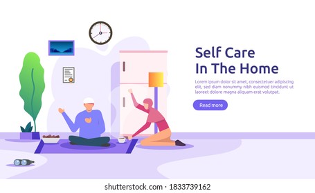 self care and stay home concept. Self isolation, home activities, quarantine due to coronavirus illustration template for landing page, banner, presentation, social, poster, promotion or print media