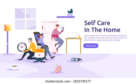 self care and stay home concept. Self isolation, home activities, quarantine due to coronavirus illustration template for landing page, banner, presentation, social, poster, promotion or print media