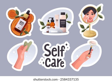 Self care sticker set. Applying serum, cream, skin care beauty products. Roller, Gouache scraper for face massage. Vector illustration.