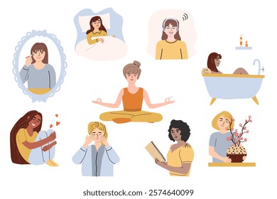 Self care stickers set with pretty womans Daily routines, mental health concept. Slow life concept with peoples. Flat vector illustrations set. Relax hobbies. Self care elements set. 