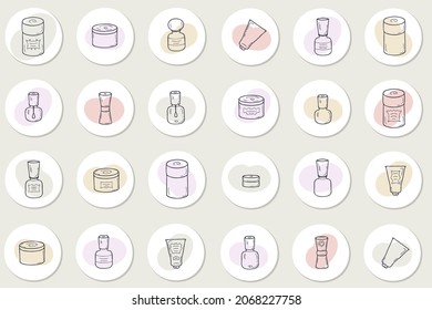 Self care story highlight icons set of cosmetic jars. Hand drawn vector elements for decor and design.

