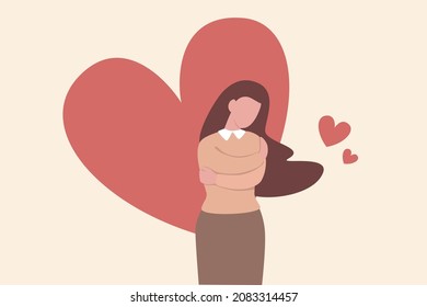 Self care is take care of yourself and wellbeing, enjoy exercise, sleep and hobbies, help you stay healthy, balance life, and better cope with stress and anxiety, happy woman hug herself with hearts.