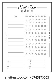 Liste der Selbstbetreuungs-Aufgaben minimalistisches Design der Planerseite. Tägliche routinemäßige Notiz mit Kästchen und Zeilen. Habit Tracker Bullet Journal druckbares Blatt. Persönlicher Organisator. Notebook-Vektor-Vorlage