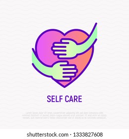 Self Care Thin Line Icon: Hands Hug Heart. Modern Vector Illustration.