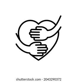 Self care thin line icon, hands hug heart. Modern vector illustration.