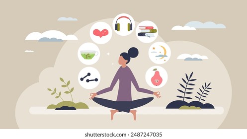 Self care and things for personal wellness and harmony tiny person concept. Do active exercises, hydration, quality sleep and healthy eating vector illustration. Relaxation for positive woman life.