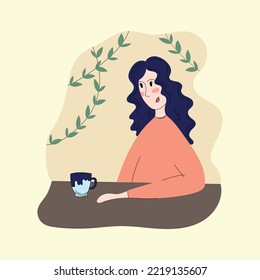 Self care. Vector illustration in flat style. Tea time. A young beautiful girl drinks tea in silence.