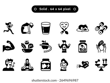 Self care volume1 vector icon set in a solid or symbol style. A collection such as supplementary food, ustrasana, watering, and yoga. Human made 64x64 pixels.
