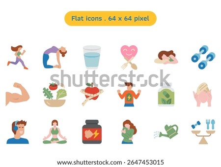 Self care volume1 vector icon set in a flat style. A collection such as supplementary food, ustrasana, watering, and yoga. Human made 64x64 pixels.