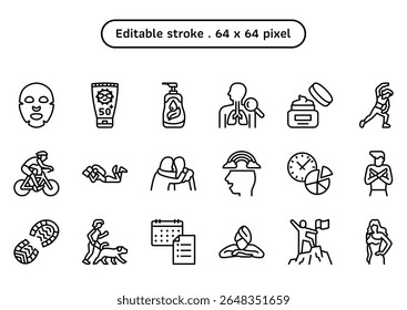 Self care volume2 vector icon set in an outline or line style. A collection such as a facial sheet mask, sunscreen, moisturizer, and a checkup. Human made 64x64 pixels. Editable stroke.