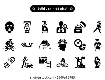 Self care volume2 vector icon set in a solid or symbol style. A collection such as a facial sheet mask, sunscreen, moisturizer, and a checkup. Human made 64x64 pixels.
