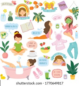 Self care and wellbeing clipart set. Cartoon girls, icons and typography related to healthy lifestyle, relaxation, positivity, and self love.