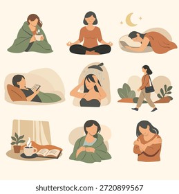 Atividades de autocuidado e bem-estar e conjunto de ilustração de saúde mental. Um acolhedor conjunto de ilustração plana mostrando auto cuidados, atividades de bem-estar. Mulheres praticando meditação, descansando, lendo, andando...