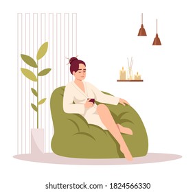 Self care for woman semi flat RGB color vector illustration. Spa treatment for body care. Girl sit in armchair and relax. Lady in bathrobe isolated cartoon character on white background