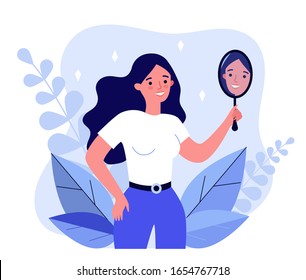 Self centered woman suffering from narcissism. Smiling girl looking at herself in mirror. Vector illustration for ego, psychology, reflection concept