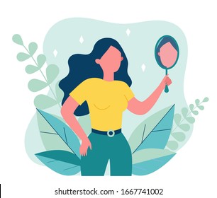 Self Centered Woman Suffering From Narcissism. Smiling Girl Looking At Herself In Mirror. Vector Illustration For Ego, Psychology, Reflection Concept