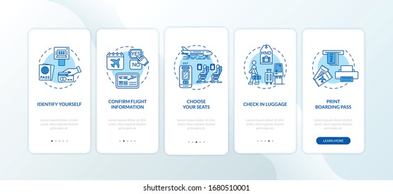 Self check in onboarding mobile app page screen with concepts. Airport self service terminal walkthrough five steps graphic instructions. UI vector template with RGB color illustrations