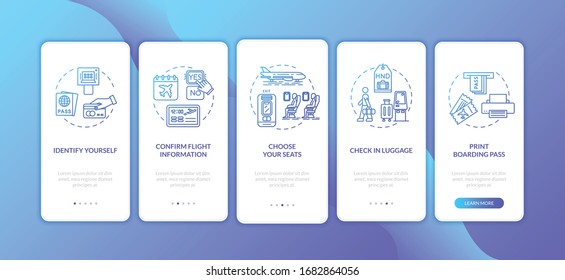 Self check in onboarding mobile app page screen with concepts. Airport self service terminal walkthrough five steps graphic instructions. UI vector template with RGB color illustrations
