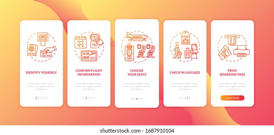 Self Check In Onboarding Mobile App Page Screen With Concepts. Airport Self Service Terminal Walkthrough Five Steps Graphic Instructions. UI Vector Template With RGB Color Illustrations