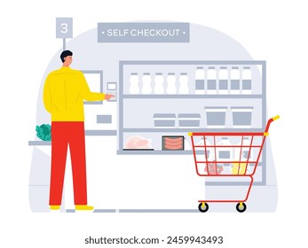 Auto check out con caja registradora automática en el supermercado moderno, Ilustración vectorial.