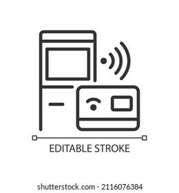 Self Checkout Kiosk Pixel Perfect Linear Icon. ATM Stand. Smart Terminal Service. Internet Of Things. Thin Line Illustration. Contour Symbol. Vector Outline Drawing. Editable Stroke. Arial Font Used