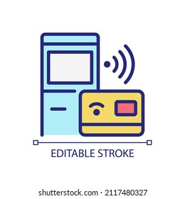 Self checkout kiosk pixel perfect RGB color icon. ATM stand. Smart terminal service. Internet of Things. Isolated vector illustration. Simple filled line drawing. Editable stroke. Arial font used