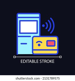 Self checkout kiosk pixel perfect RGB color icon for dark theme. ATM stand. Smart service. Internet of Things. Simple filled line drawing on night mode background. Editable stroke. Arial font used