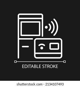 Self checkout kiosk pixel perfect white linear icon for dark theme. ATM stand. Internet of Things. Thin line illustration. Isolated symbol for night mode. Editable stroke. Arial font used