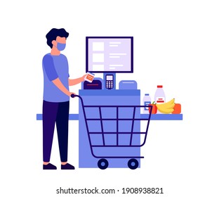 Self checkout shop. Man paying for products at electronic device. Self-service cashier on terminal with scanner. Сash machine with monitor. Vector flat illustration