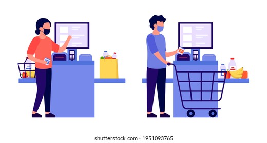 Self checkout shop. Man and woman paying for products at electronic device. Self-service cashier on terminal with scanner. Cash machine with monitor. Vector flat illustration