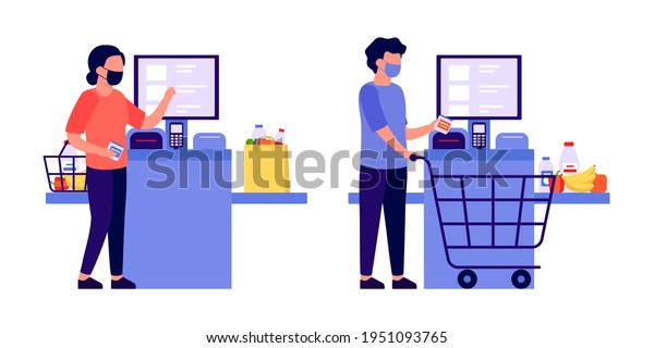Self checkout\
shop. Man and woman paying for products at electronic device.\
Self-service cashier on terminal with scanner. Cash machine with\
monitor. Vector flat\
illustration