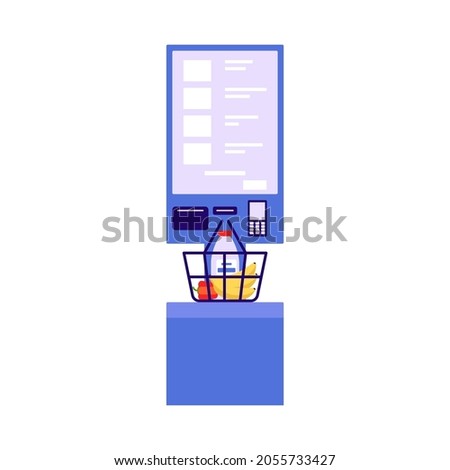 Self checkout shop. Paying for products at electronic device. Self-service on terminal with scanner. Cash machine with monitor. Vector flat illustration