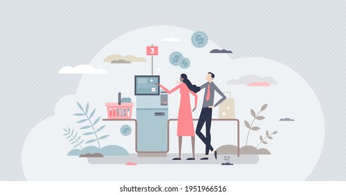 Self Checkout As Terminal Payment After Grocery Shopping Tiny Person Concept. Supermarket Or Store Purchase System For Automated Process Vector Illustration. Customer As Cashier In Retail Market Scene