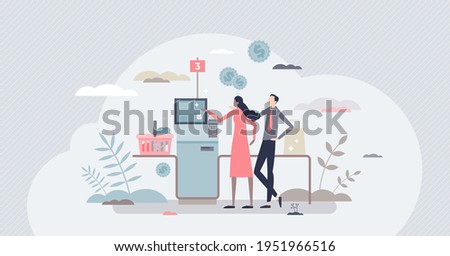 Self checkout as terminal payment after grocery shopping tiny person concept. Supermarket or store purchase system for automated process vector illustration. Customer as cashier in retail market scene