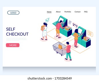 Self Checkout Vector Website Template, Landing Page Design For Website And Mobile Site Development. Isometric Self Service Checkout At Store And Customers Making Purchases.