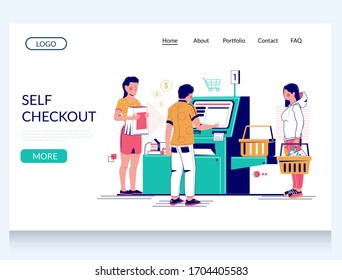 Self Checkout Vector Website Template, Landing Page Design For Website And Mobile Site Development. Couple Buying Food At Grocery Store Or Supermarket Self Checkout.