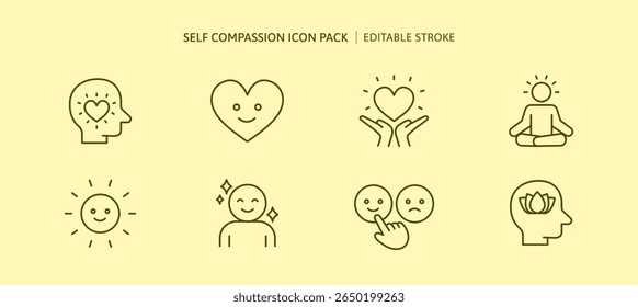Self compassion icon set for good mental health. happiness emotion, joyful outline icons. kind people have self love, self Esteem, empathy mindset and mindfulness. Peaceful meditation for psychology