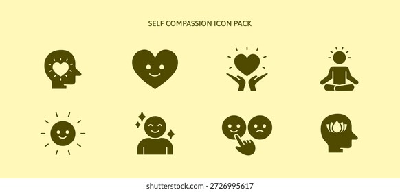 Conjunto de iconos de autocompasión para una buena salud mental. emoción de felicidad, glifo alegre, iconos sólidos. personas amables, amor propio, autoestima, mentalidad de empatía y atención plena. Meditación pacífica para la psicología