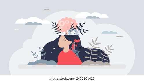 Self concept with confident and self loving tiny person female. Mental care awareness for inner harmony vector illustration. Psychological self esteem, individuality and personality characteristics.