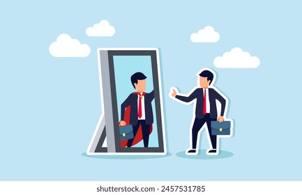 Self confidence, believing in oneself, positive attitude, and ambition drive success, concept of The businessman gazes at his powerful ideal self, a superhero, in the mirror