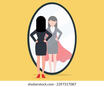 Self confidence, Business leadership. Business woman looking at his strong ideal self superhero reflection mirror.