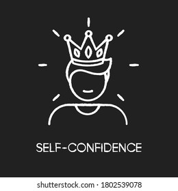 Self confidence chalk white icon on black background. Feeling of overconfidence, narcissism. Arrogant attitude. Self assured, egotistical person in crown isolated vector chalkboard illustration