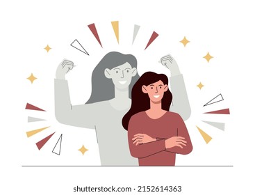 Self Confidence Concept. Girl On Background Of Silhouette, Feminism, Female Power And Equality. Activist, High Self Esteem And Successful Entrepreneur Metaphor. Cartoon Flat Vector Illustration