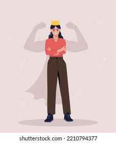 Concepto de autoconfianza. Una mujer en la corona está de pie contra un fondo de sombra de manos fuertes en la pared. Fuerza y energía interna. Afiche o cartel para el sitio web. Dibujo vectorial plano de dibujos animados