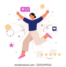 Self confidence concept. Woman rejoices and jumps. Positivity and optimism. Mental health and psychology, selfacceptance. Success and popularity. Cartoon flat vector illustration