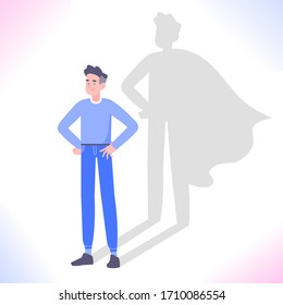 Self confidence concept. Young man standing and superhero shadow behind him. Leadership, ambition, success, motivation and encouragement metaphor, vector illustration