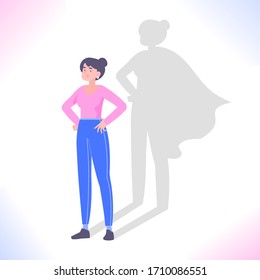 Self confidence concept. Young woman standing and superhero shadow behind her. Leadership, ambition, success, motivation and encouragement metaphor, vector illustration