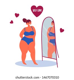 Self Confidence. Confident Plus Size Woman In Front Of A Mirror. Self Love Lettering In A Heart. Concept Of Acceptance, No Fat Phobia. Your Weight Is Good. Vector Flat Illustration