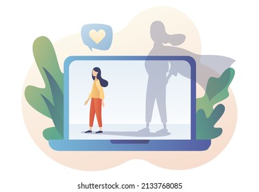 Self confidence. Confident strong woman as superhero in laptop. Self-image online. Self love. Self development. Motivation. Modern flat cartoon style. Vector illustration on white background